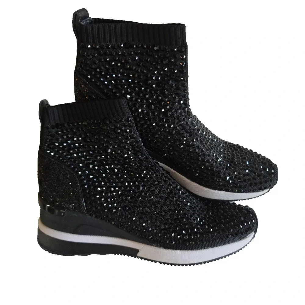 Michael Kors Black Skyler Stretch-Knit‎ Bootie Sock Crystal Embellishments -8.5M